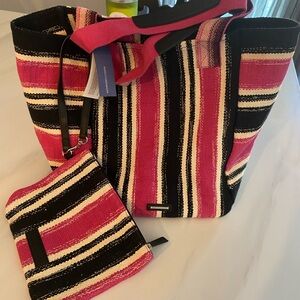 NWT Rebecca Minkoff Striped Pink and Black Tote Bag Set
